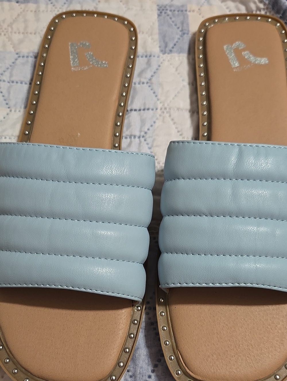 Women’s Light Blue Quilted Slide Sandals with Stud Trim